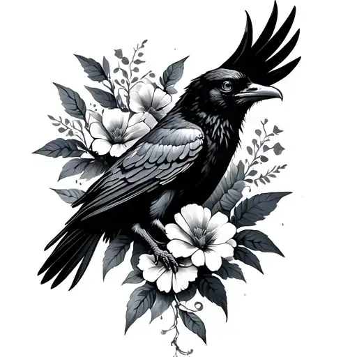 Raven Deploying Its Wings Tall Left -Thigh With Flower