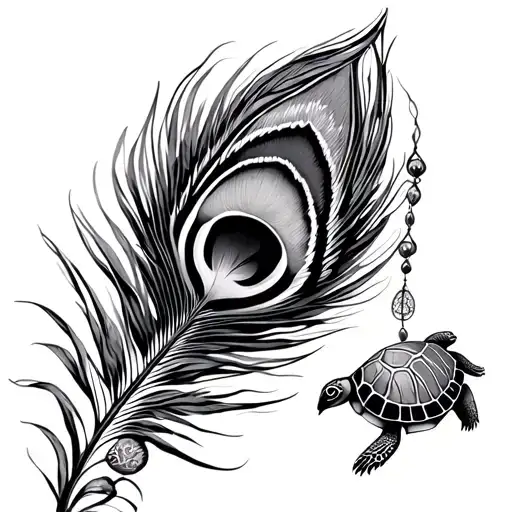 Peacock Feather With Dream Catcher And Turtle