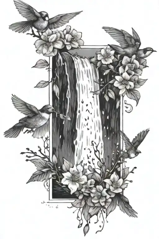 A Dotwork Tattoo Of A Peaceful Waterfall With Birds And Flowers Cascading Down In A Tranquil Scene