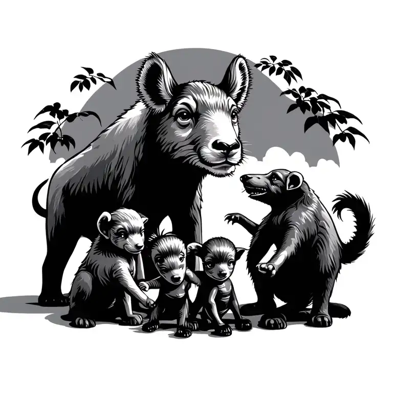 Animal Family 2 Adults 3 Children Playing