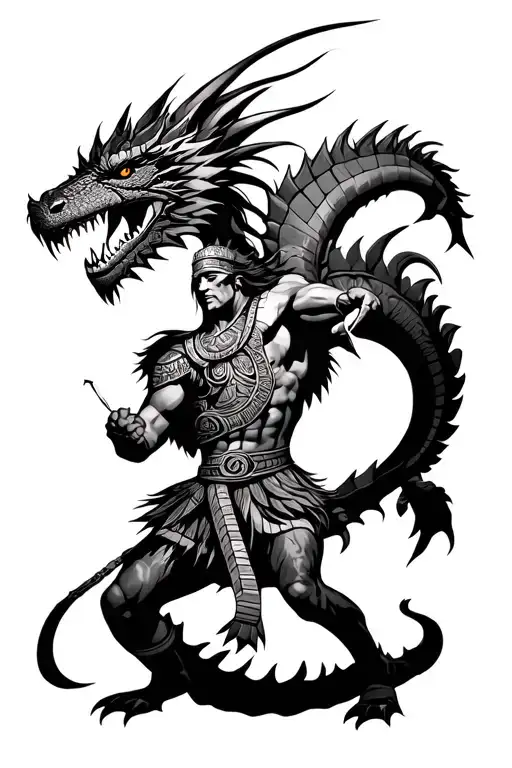 Aztec Warrior Battling A Dragon