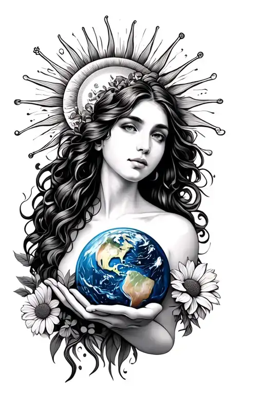 Woman Holding Earth With Sun And Flowers