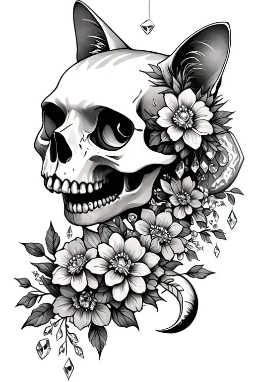 Cat Skull With Crystals Flowers And Crescent Moon