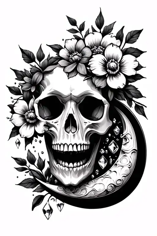 Animal Skull With Crystals Flowers And Crescent Moon