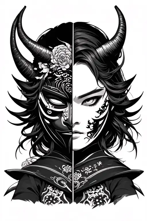 Split Oni Mask Samurai With Japenses Girl Behind Mask