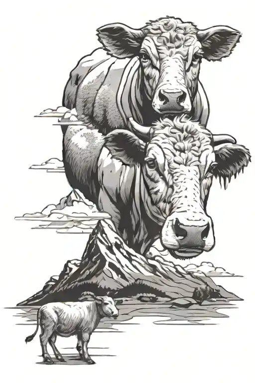 Cow And A Sheep In The Background Mountains