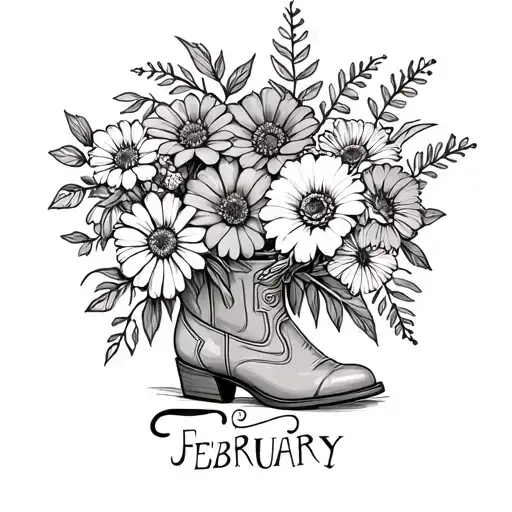 Line Drawing Of The February January And Junes Birth Flowers In A Cowboy Boot Like A Vase