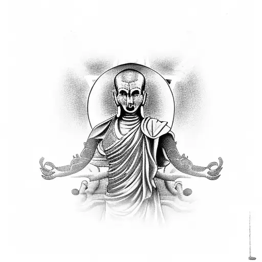 Six-armed Buddhist Monk On A Cross With Half A Skull Face