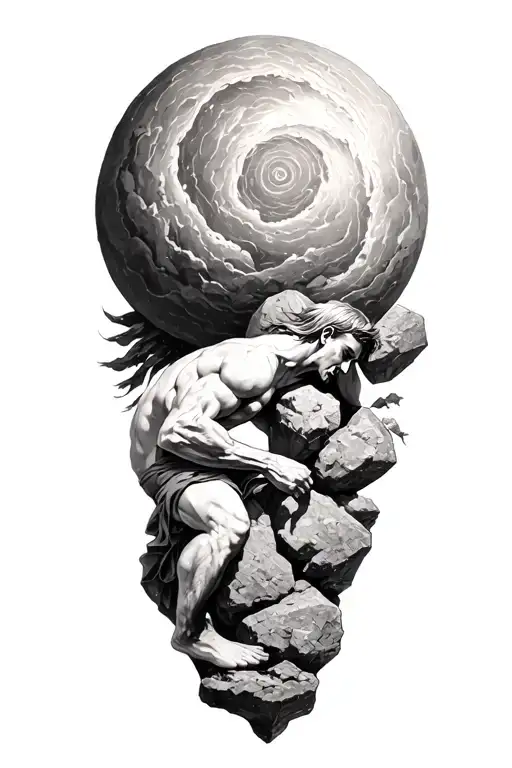 Myth Of Sisyphus Pushing A Rock With Fibonacci Spiral