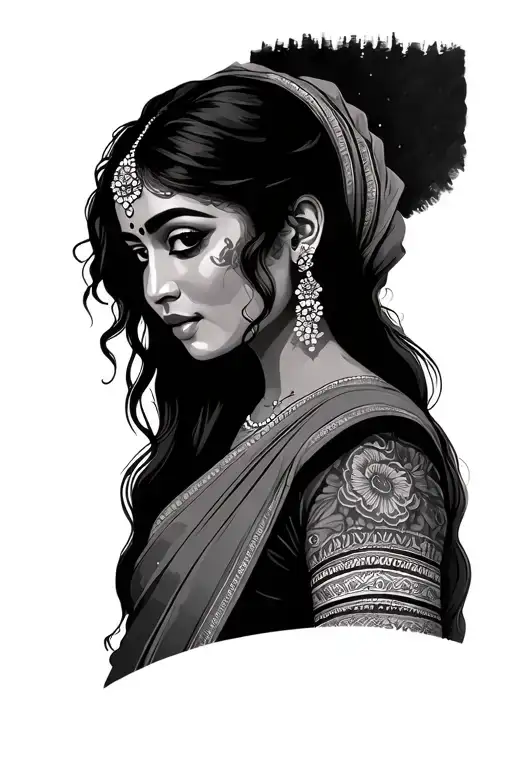 South Asian Woman With Long Black Hair Wearing Sari