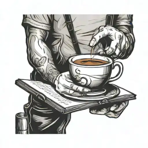 Design A Tattoo Featuring A Barista Pouring Coffee Into A Book-shaped Cup