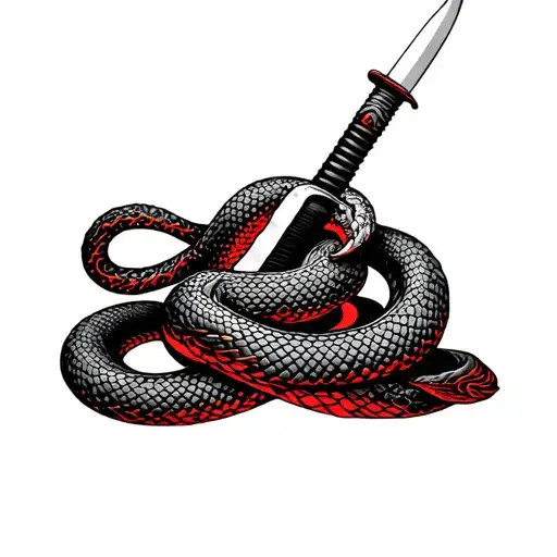 A Tattoo Sketch In Black And Red With A Long Curved Katana Wrapped Around A Snake
