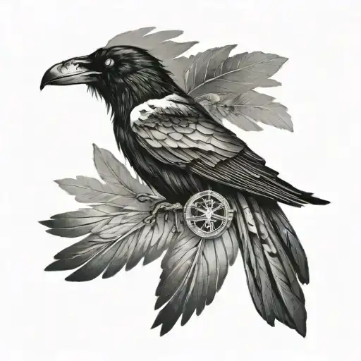 A Tattoo With A Crow With An Outstretched Wing And A Vegvisir