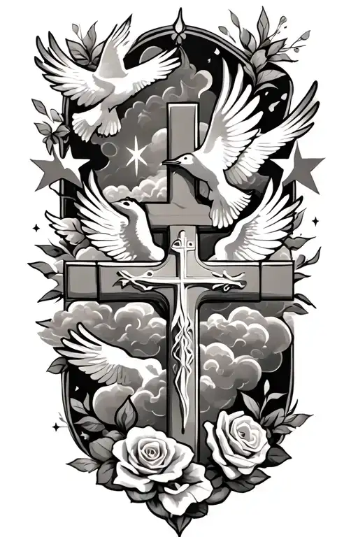 Clouds And White Stars And Doves And A Rose And A Catholic Cross