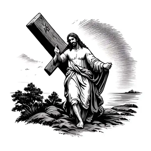 Jesus Carrying Cross Walking Into Sunset