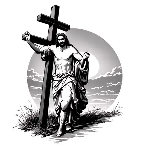 Jesus Carrying Cross Walking Away Into Sunset Sky