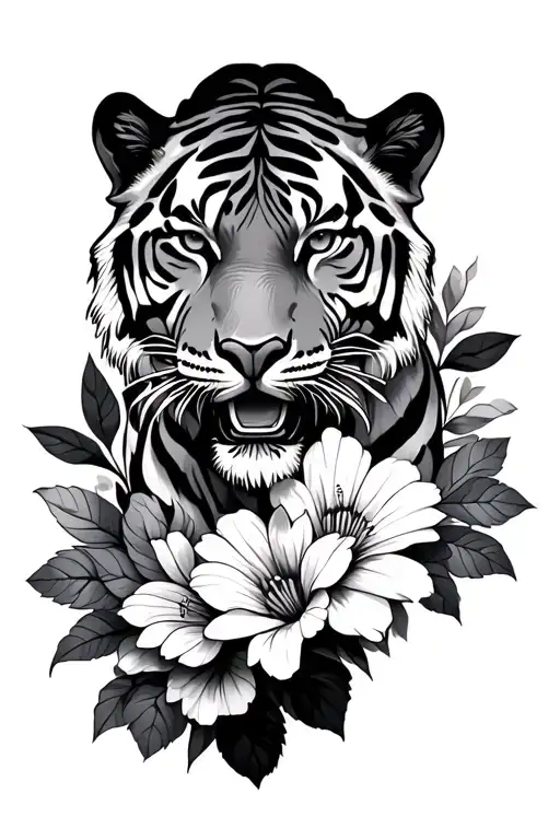 Tiger And Flowers With Patterns In Black