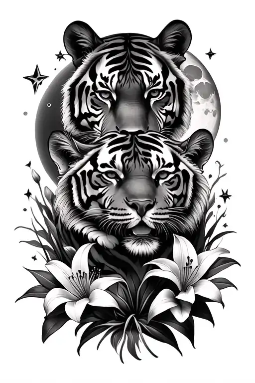 Tiger Family With Tiger Lilies And Moon And Stars Forming The Shape