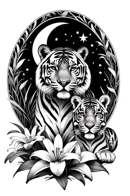 1 Adult Tiger And 2 Cubs Surrounded By Tiger Lilies And Moon And Stars Forming The Oval Shape