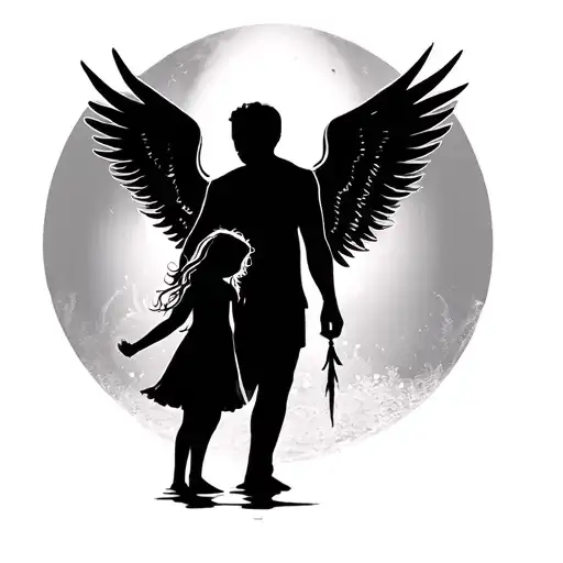 Man With Wings Holding Little Girl Hand Silhouette