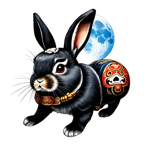 Japanese Samurai Rabbit With Daruma And Blue Moon