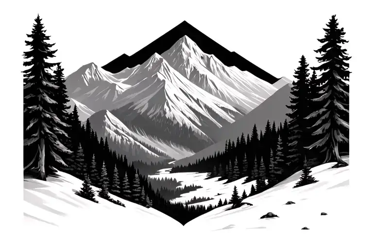 Alpine Forest Landscape With Less Detail Black And White