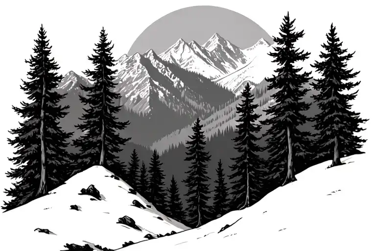 Alpine Forest Landscape With Less Detail Black And White