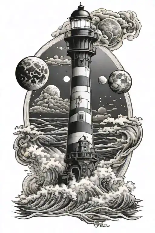 Full Leg Sleeve Featuring Ocean Lighthouse Waves Planets Moon And Astraunaut