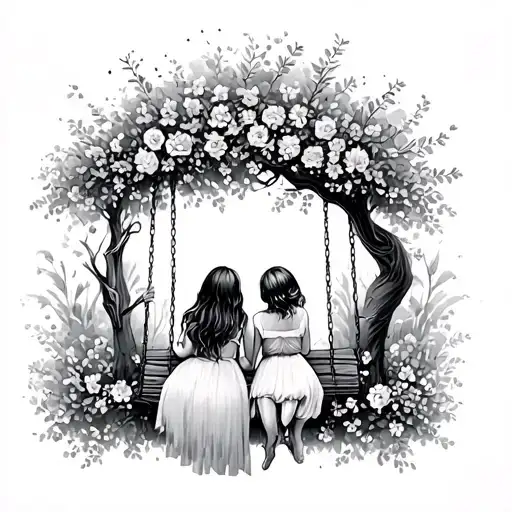 Back View Of Two Sisters On A Swing With Flowers And A Tree