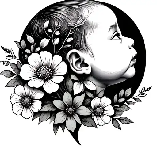 Baby Side Profile With Flowers Fine Line
