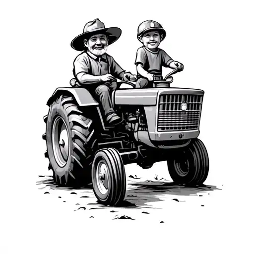 Grandpa And Son On Small Tractor