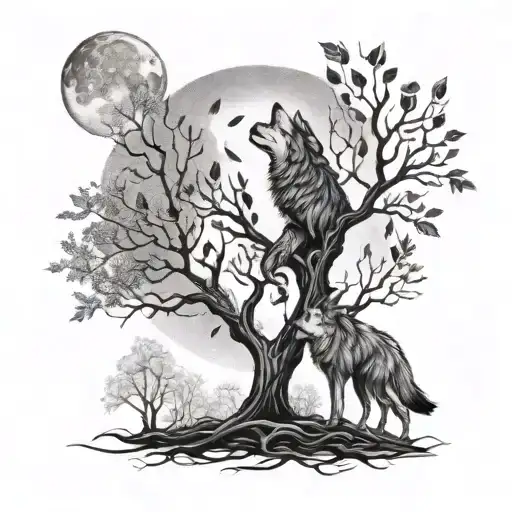 A Tree With Musical Notes As Leaves And A Wolf Howling At The Moon In The Branches