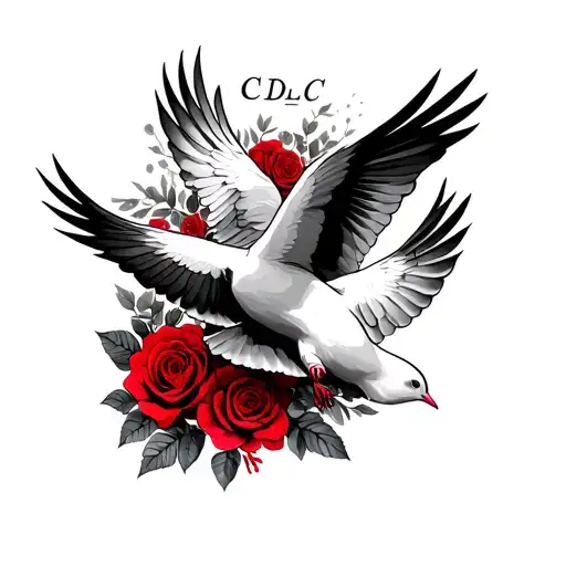 Two Doves Flying With Red Roses In The Background And Initials Cdlc On The Top