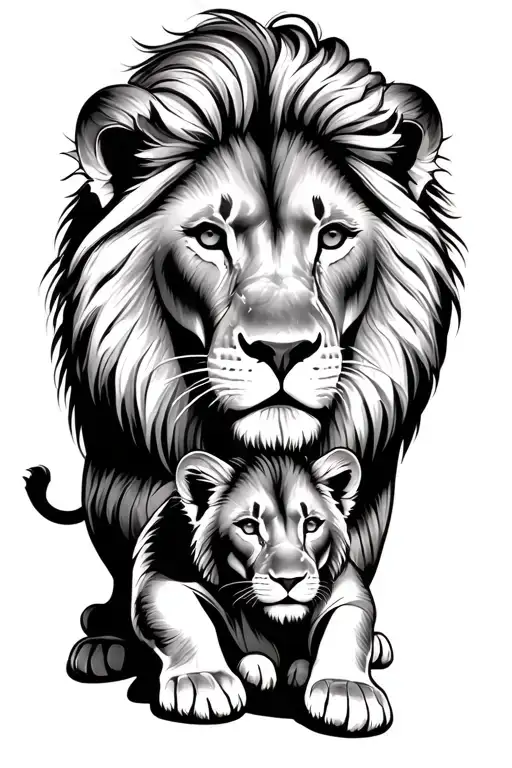 Lion Protecting 2 Cub Looking