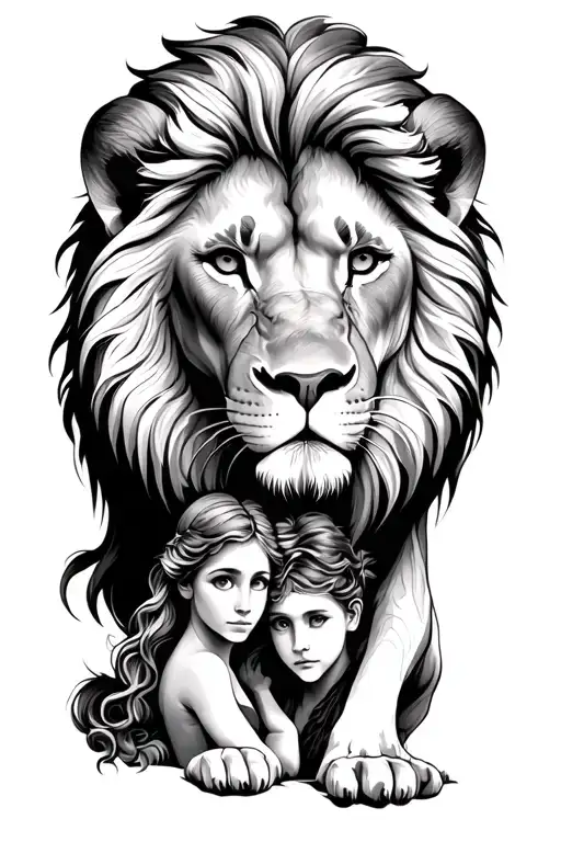 Lion Protecting Wife And Son