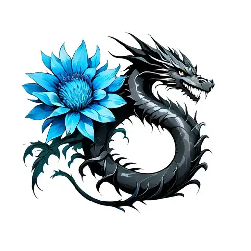 Black Dragon With Blue Corn Flower Intertwined