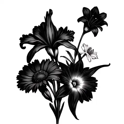 A Flower Bouquet With 2 Iris's A Daisy A Narcissus And A Lily