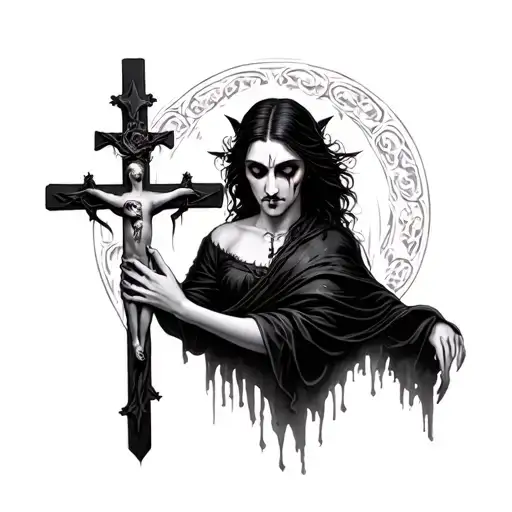 Realistic Woman Vampire Holding A Cross With Jesus