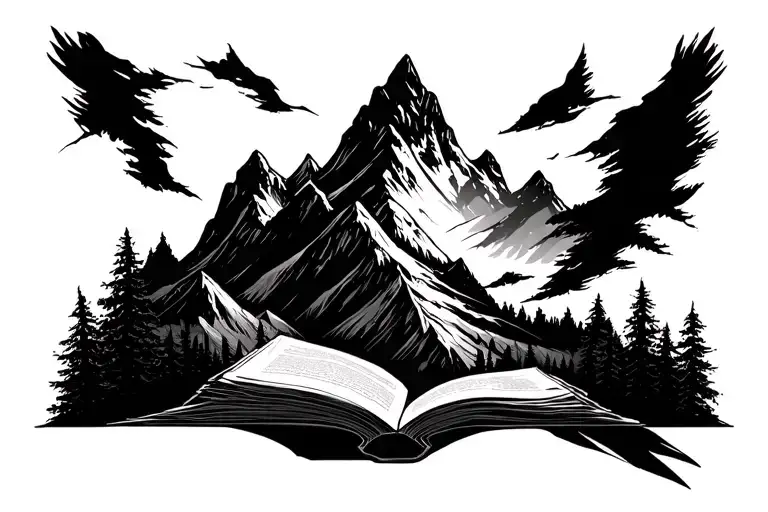 Book Mountain Fine Line Tattoo Design Combining Elements