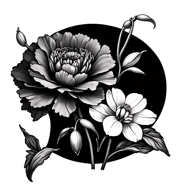 Tattoo With Carnation And Snowdrops Together Spread Out Over The Shoulder Blade