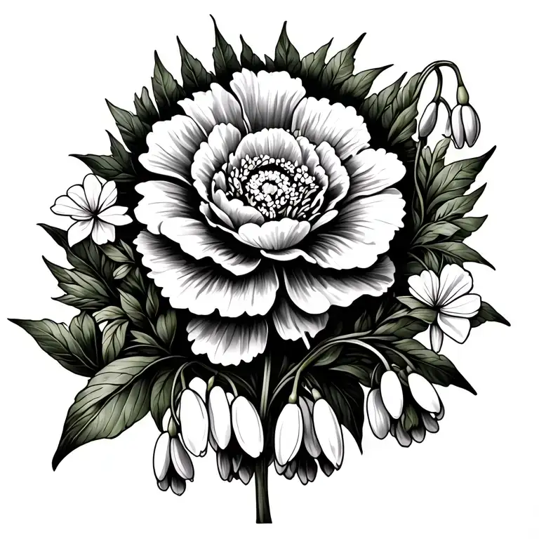 Tattoo With Carnation And Snowdrops Together Spread Out Over The Shoulder Blade