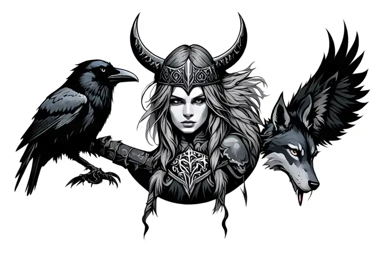 Female Viking Warrior With Raven And Wolf Surrounded