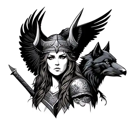 Female Viking Warrior With Raven And Wolf Surrounded