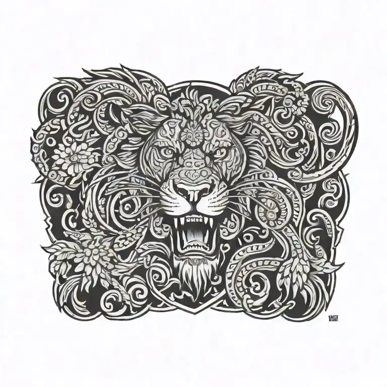 Polynesian Half-chest Design Featuring A Lion Standing On A Rock