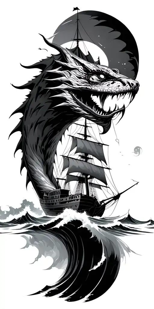 Ship Sailing Through Stormy Seas Sea Monster