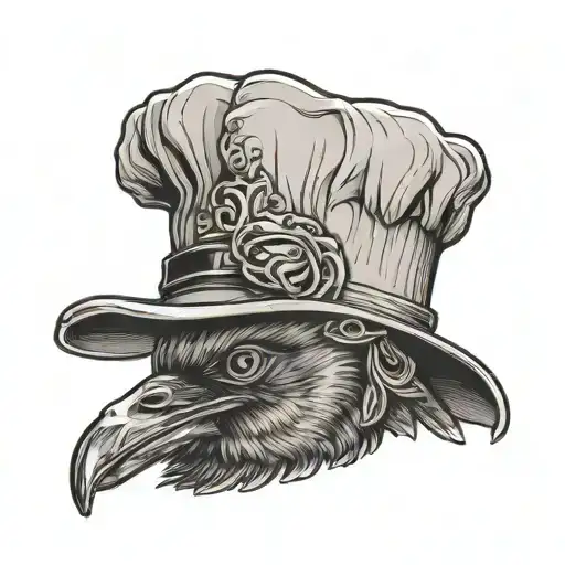 A Chef's Hat With A Crow Perched On Top Hat Surrounded