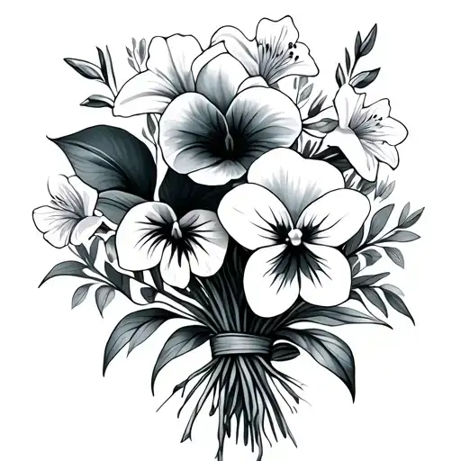 Lily And Pansy And Narcissus Flower Bouquet Tied