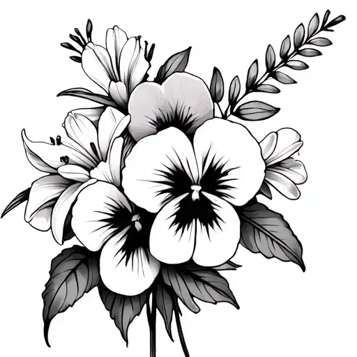 Lily And Pansy And Daffodil Flower Bouquet Tied