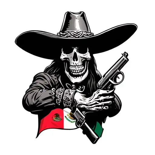 Mexican Charro Skeleton With Gun And Mexico Flag