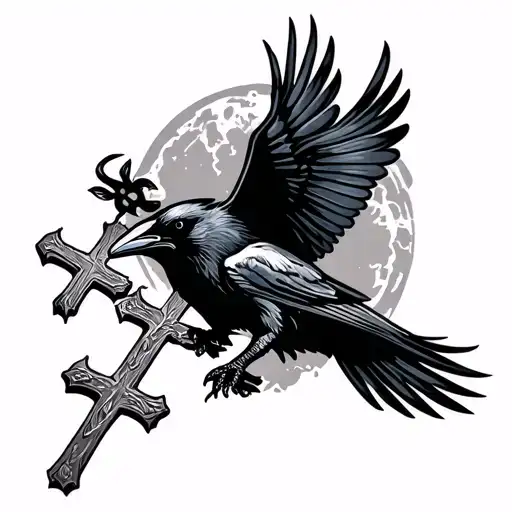 Raven Flying Over Three Crosses